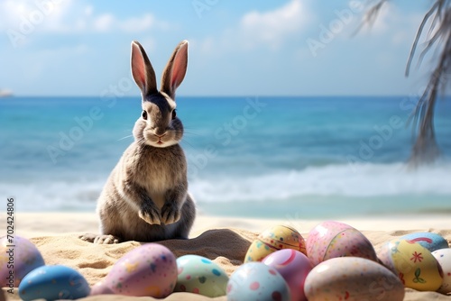 rabbit and easter painted eggs on summer sand beach