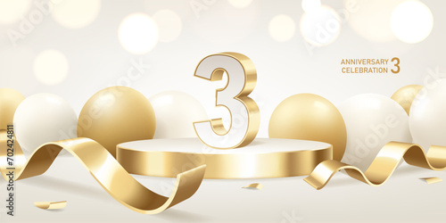3rd Anniversary celebration background. Golden 3D numbers on round podium with golden ribbons and balloons with bokeh lights in background.