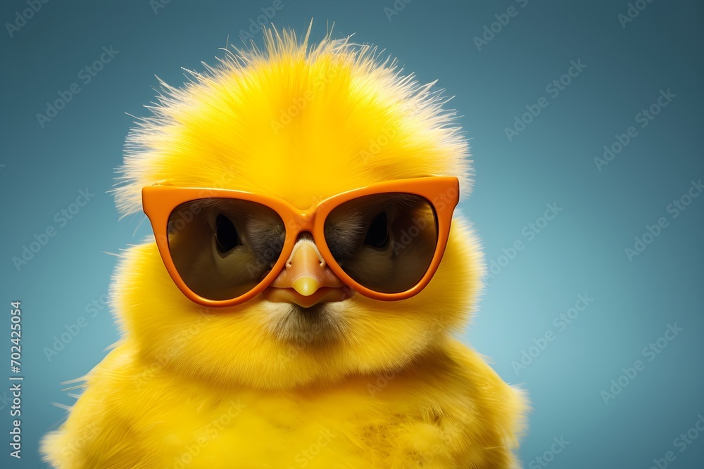 easter yellow small chicken with sunglasses isolated