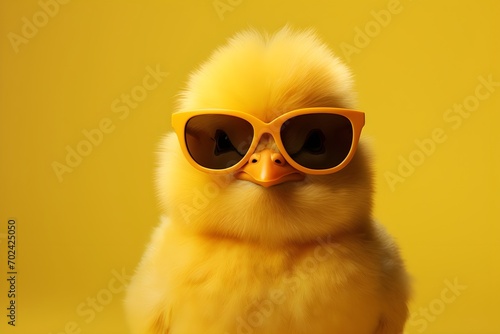 easter yellow small chicken with sunglasses isolated on yellow background