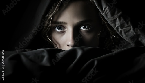 Restless insomniac struggling to sleep in bed, with wide open eyes, uneasy posture, and indifference