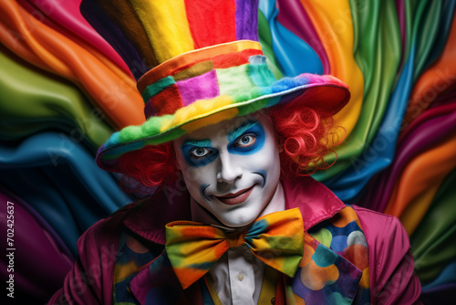 A clown with a rainbow colored hat and a rainbow colored hat 