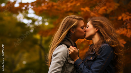A pair of best friends locking eyes and almost kissing amidst a backdrop of autumn foliage. photo