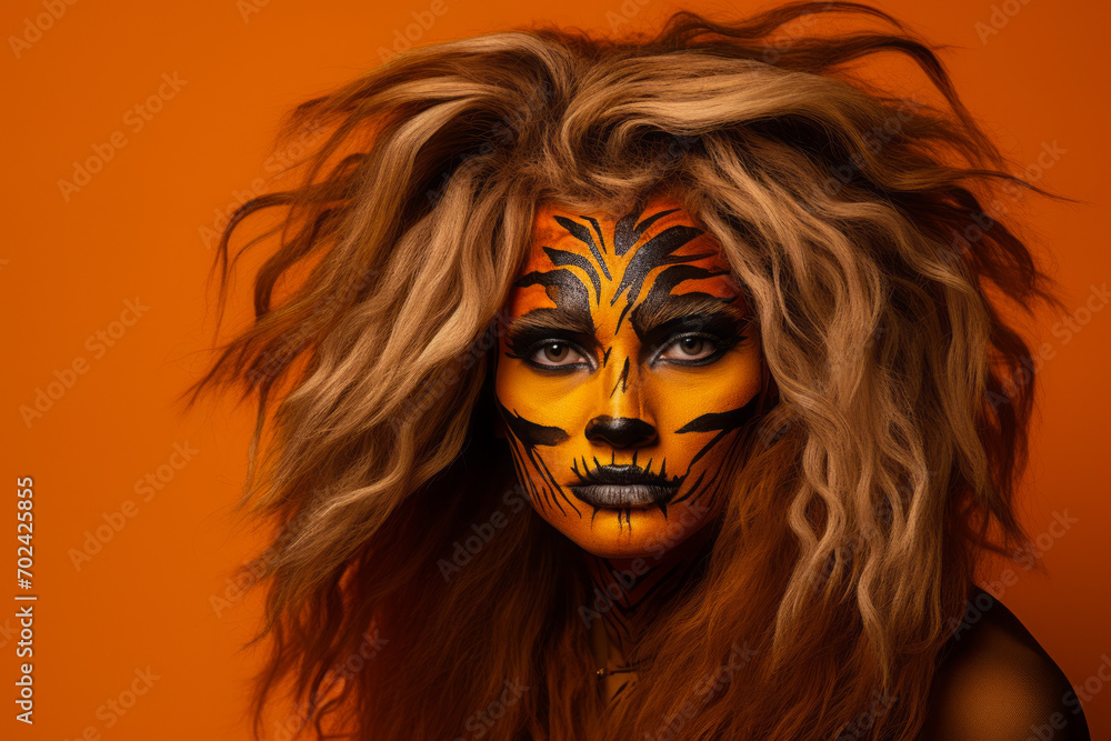 A woman with lion's mane-like makeup around her face against an orange savanna-inspired background. A woman with lion's mane-like makeup around her face against an orange savanna-inspired background.