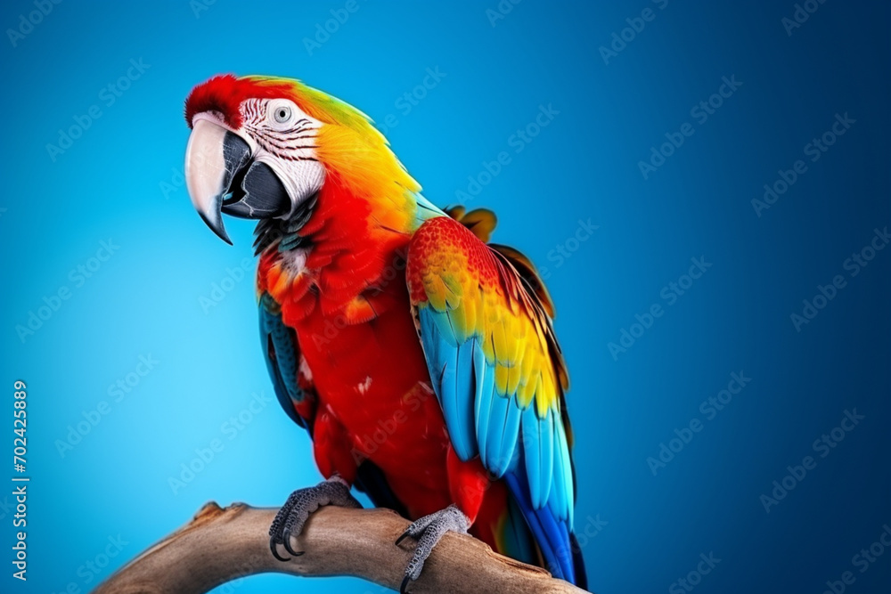 Fototapeta premium A colorful macaw parrot on blue background
