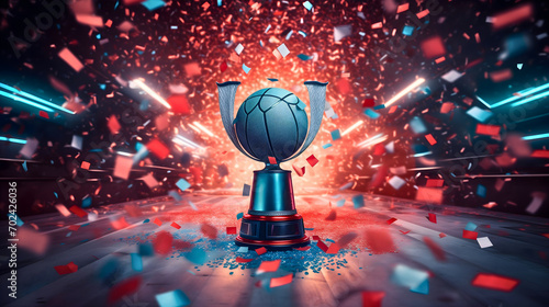 Shiny silver basketball trophy on the podium, success concept, red and blue confetti falling from above. Prize or reward for the winner and champion ceremony, sport competition best team