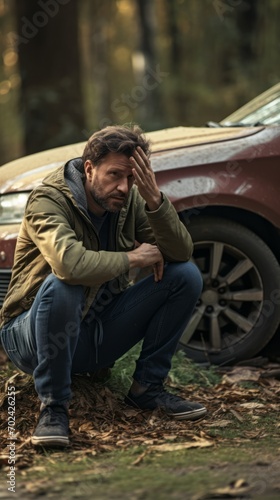 A worried man sits next to a car after a car accident