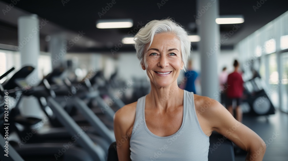 Mature woman doing exercises in fitness center, healthy life
