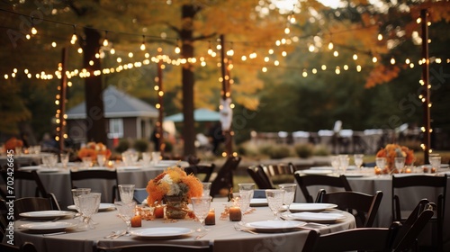 Autumnal outdoor wedding reception with pumpkin centerpieces, string lights, and fall-inspired decor, creating a romantic and enchanting atmosphere photo