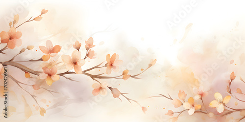 Beige watercolor illustration with minimalistic flowers  abstract background with copy space