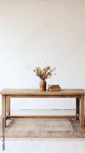 The long dining table is made from reclaimed wood. Generative AI.