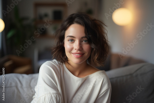 A happy young woman is sitting at home on the couch and looking at the camera portrait of a lovely © Ahmed