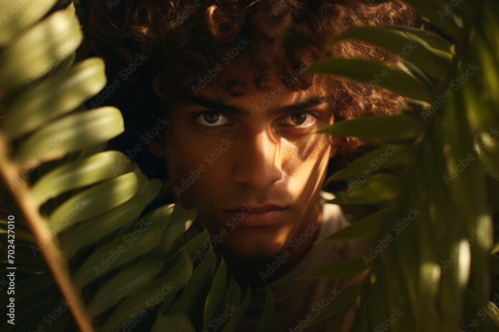A man with curly hair peeking through a palm tree A man with curly hair peeking through a palm tree