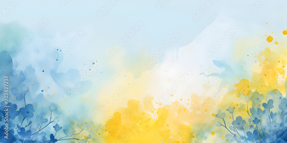 Fototapeta premium Blue and yellow watercolor illustration background with spring flowers