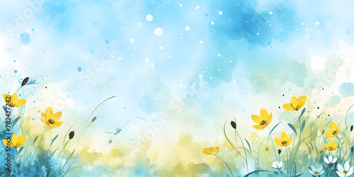 Blue and yellow watercolor illustration background with spring flowers
