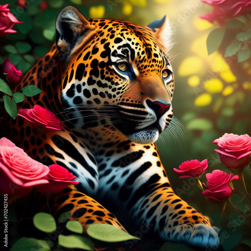 Jaguar surrounded by roses. Generative AI 