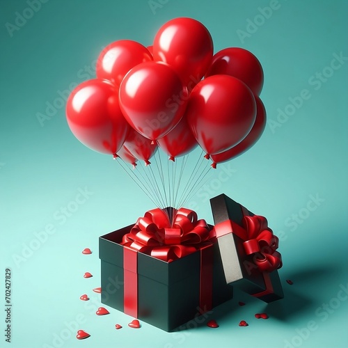 Red balloons lifting up gift box lid open or opening black present box with red ribbon bow isolated on green pastel blue background with shadow 3D rendering created with generative ai