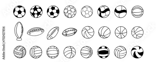 Big set of soccer ball, volleyball, basketball, american football. Sports equipment. Game. Collection of design elements. Great for banners, sites, posters. Vector illustration. Hand drawn doodle
