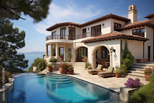 modern architecture design of a huge mansion  a model of a contemporary vacation finca villa house with typical mediterranean or south american windows and a pool