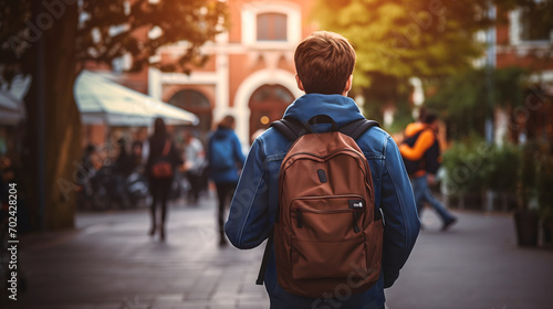Rearview photography of a young teenage boy wearing a backpack, looking at the school building. Male student first day at new high school or university, rucksack September, educational institution