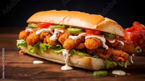 Delicious and greasy fried shrimp po' boy sandwich with a crispy coating, tangy remoulade sauce, and a side of pickles photo