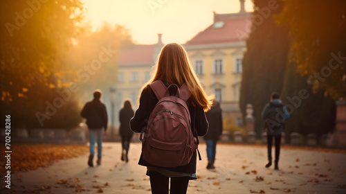 Rearview photography of a young girl wearing a backpack in the sunny September autumn morning, walking up to the school building.Female child first day in educational institution,kindergarten rucksack