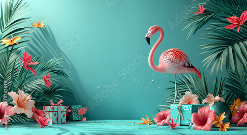 Exotic tropical summer background. Summer beach party concept. Pink flamingo, tropical leaves, orchid flower, palm branches on blue background
