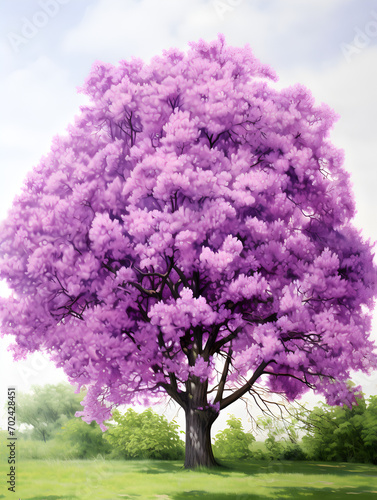 Illustration of a purple lilac tree, floral background 