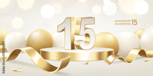 15th Anniversary celebration background. Golden 3D numbers on round podium with golden ribbons and balloons with bokeh lights in background.