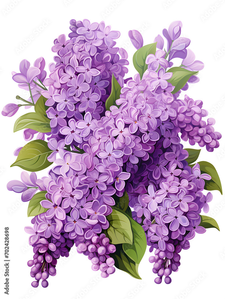 Fototapeta premium Illustration of purple lilac flowers, on white background 