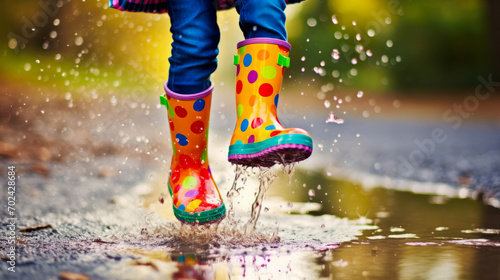 A child wearing colorful rain boots jumping in a puddle with an umbrella.