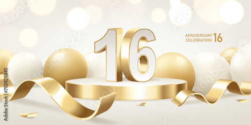 16th Anniversary celebration background. Golden 3D numbers on round podium with golden ribbons and balloons with bokeh lights in background. photo