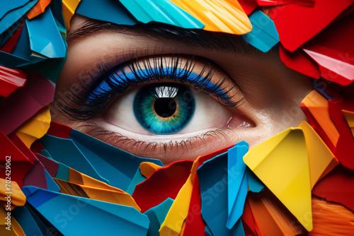 A view of a woman's eye looking through a hole in some colorful paper photo