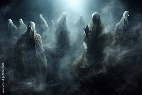 Ghostly figures dancing in the dark. Halloween horror background