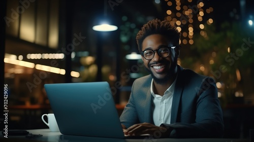 Late at Night in Private Office black male Businessman Works on a Laptop Computer. He Look at the Camera with Smile. Data Protection Engineering Network for Cyber Security, generative ai