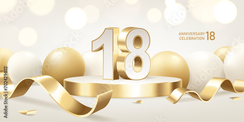 18th Anniversary celebration background. Golden 3D numbers on round podium with golden ribbons and balloons with bokeh lights in background. photo