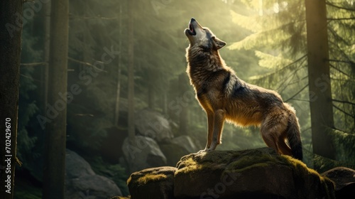 Lone wolf howling in a dense forest, its call penetrating the stillness of the surroundings