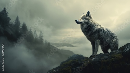 Lone wolf howling in a fog-covered landscape, its call adding an air of mystery and allure to the scene