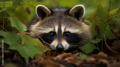 Raccoon camouflaged in tree leaves