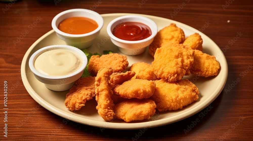 Plate of greasy and irresistible chicken nuggets served with a variety of dipping sauces