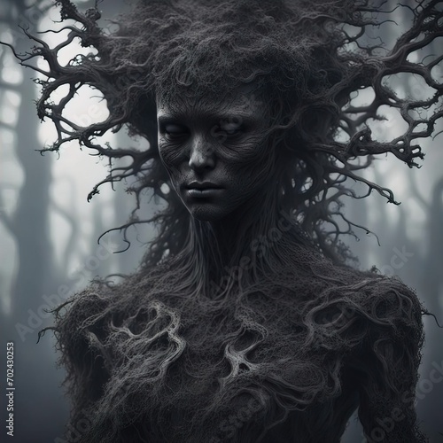 Faceless ethereal spirit covered in organic growths with dark misty background