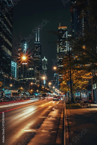 Night city traffic with cityscape background by long exposures