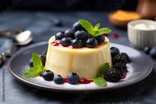 Appetizing Panna Cotta with Fresh Blueberries, Perfect Dessert for Restaurant Menu with Copy Space