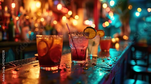 Still Life, Mardi Gras themed cocktails, close-up shot, bar counter, party night, vivid bar lights. photo