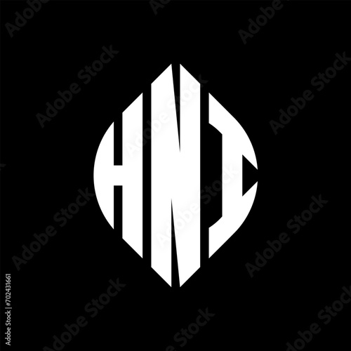 HNI circle letter logo design with circle and ellipse shape. HNI ellipse letters with typographic style. The three initials form a circle logo. HNI circle emblem abstract monogram letter mark vector.