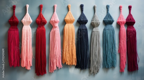 Yarn tassels hanging from a woven wall hanging, adding texture and flair photo