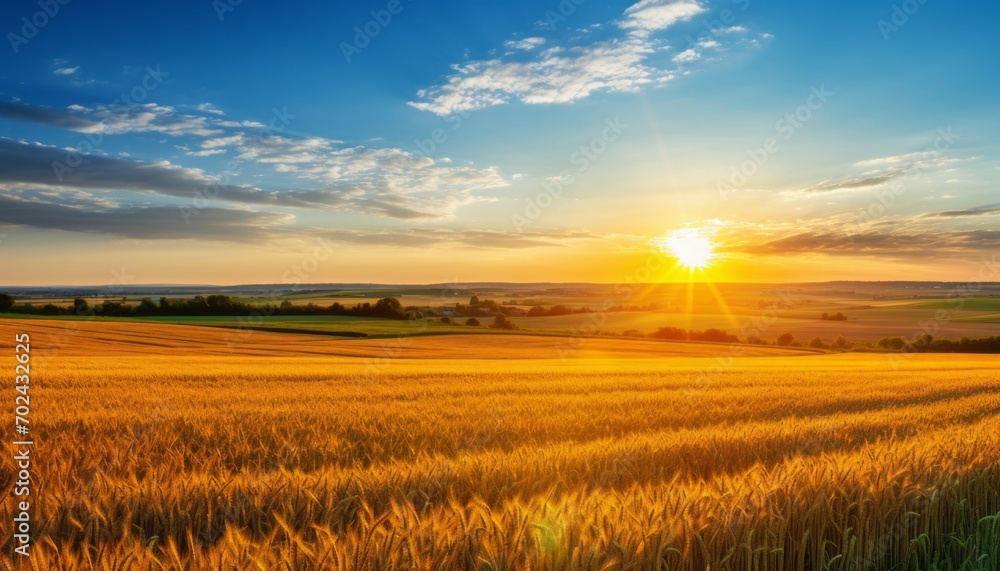 Sunrise over serene countryside vibrant wheat fields and fluffy white clouds on clear blue sky