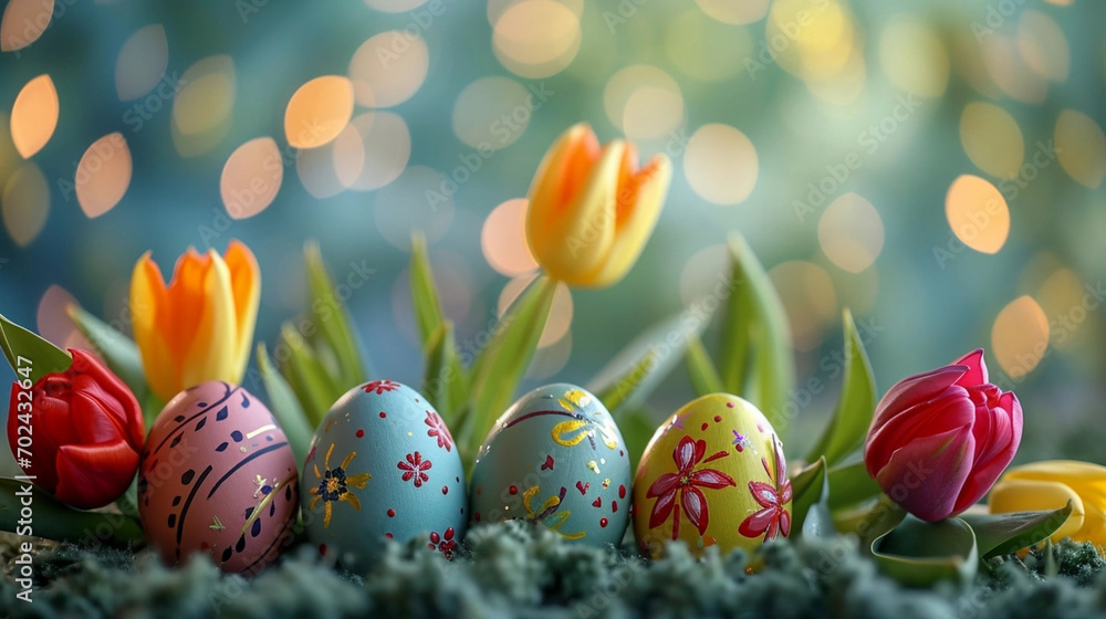 copy space, stockphoto, easter eggs with and some tulips as decoration against green bokeh background. Beautiful Eastermockup. Easter scenery, background for poster or banner. copy space, stockphoto, easter eggs with and some tulips as decoration against green bokeh background. Beautiful Eastermockup. Easter scenery, background for poster or banner.
