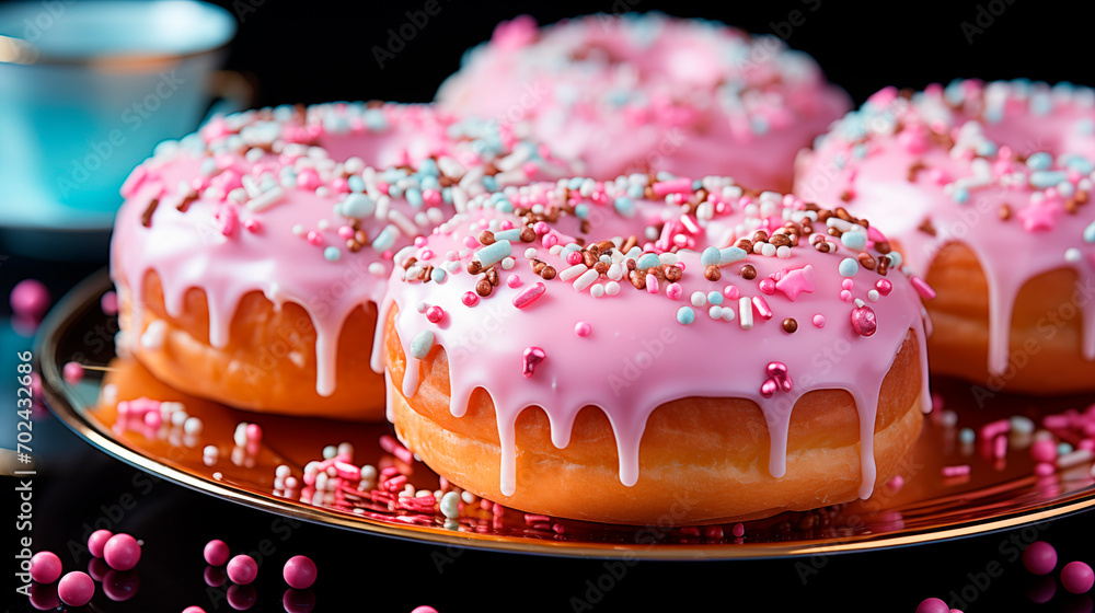 donuts de diferentes sabores y colores sobre la mesa - obrazy, fototapety, plakaty 
