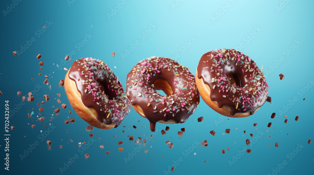 Donuts con chocolate volando para usar en publicidad - obrazy, fototapety, plakaty 